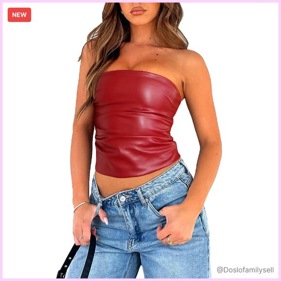 Faux Leather Strapless Tube Top Ruched Detail Sexy Chic Y2K Party Wear - Picture 1 of 7